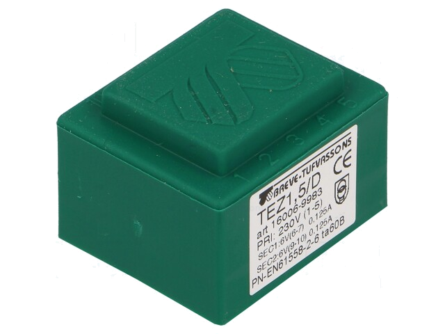 Transformator: ingegoten; 1,5VA; 230VAC; 6V; 6V; 12,5mA; 125mA; PCB Transformator: ingegoten; 1,5VA; 230VAC; 6V; 6V; 12,5mA; 125mA; PCB